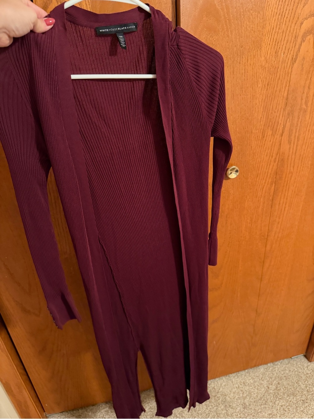 White House Black Market Long Ribbed Open Cardigan Dress - Burgundy Plum